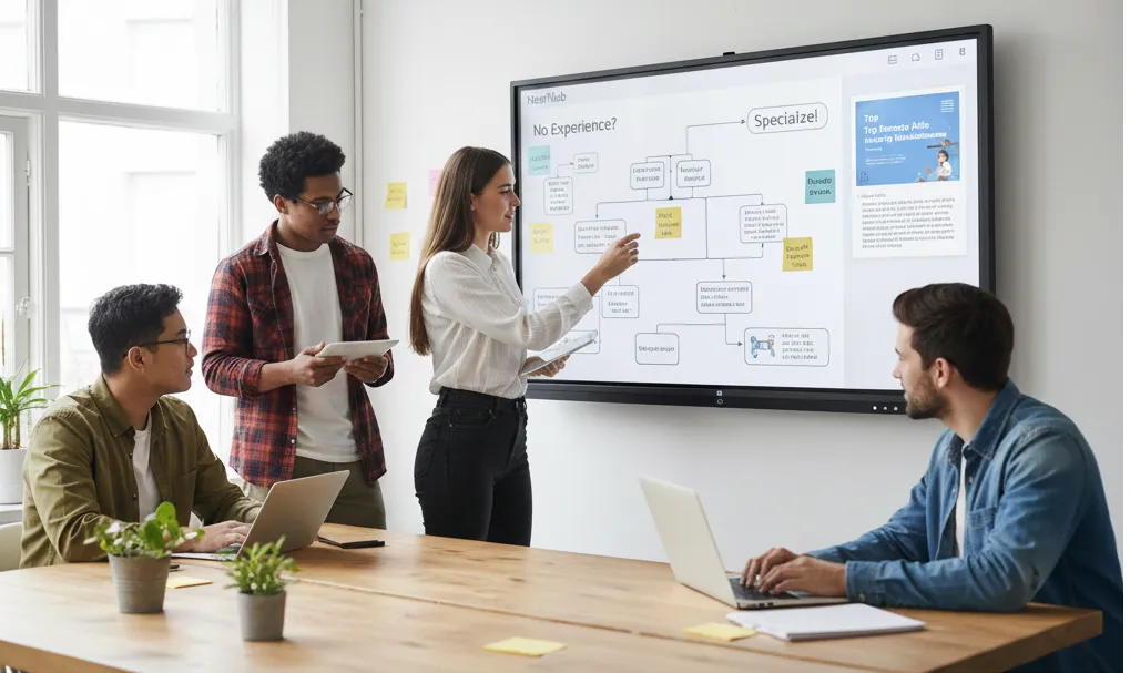 Professional team using NearHub interactive smart board for AI data analysis and digital collaboration in a modern business office.