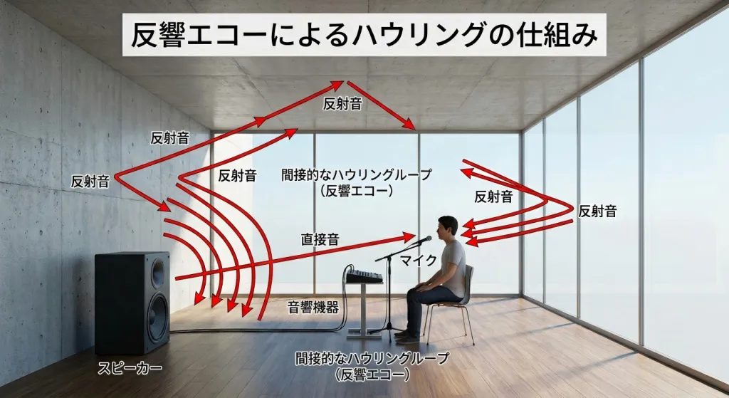 反響エコーによるマイク ハウリングの仕組みを示す図