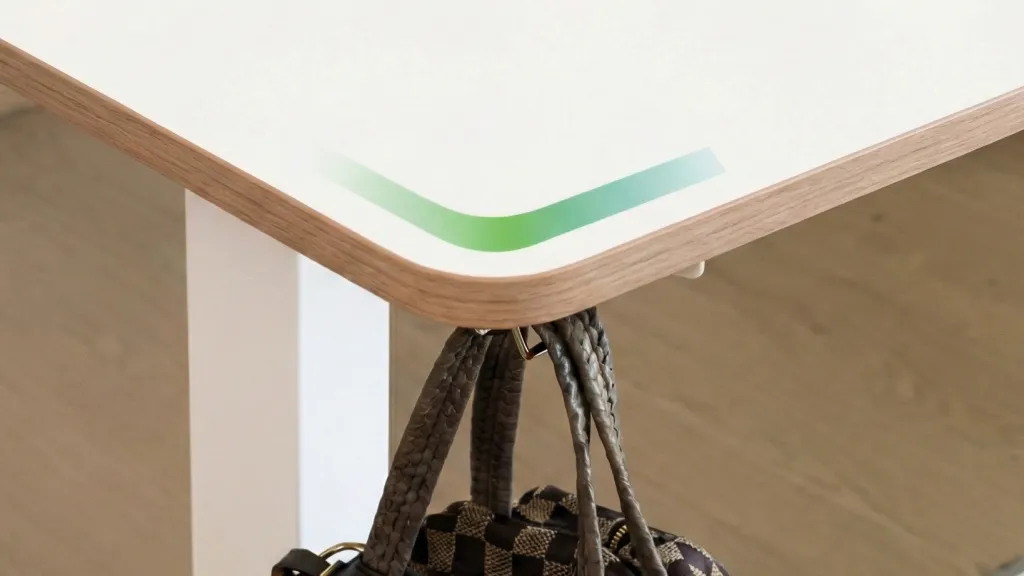 A heavy bag suspended from the corner of the desk demonstrates its impressive load-bearing capacity.