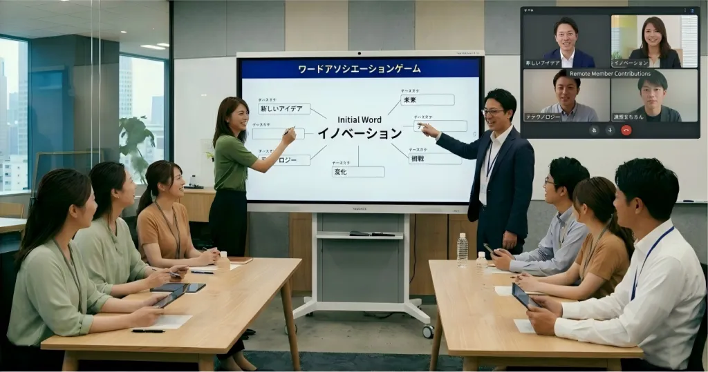 チームワークを高めるゲームとして、インタラクティブホワイトボードを使ったワードアソシエーションのアイスブレイクゲームを楽しむ新入社員研修ゲームの様子。リモートメンバーも画面越しに参加するハイブリッド形式のチームビルディング研修