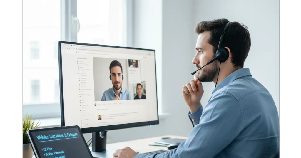A man sitting in front of a computer, having a video call to discuss website testing results.