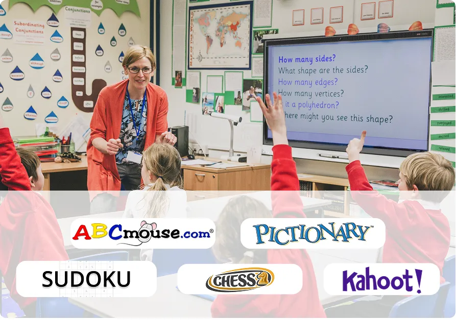 Play with interactive games like Hangman, Pictionary, Sudoku, Chess, Kahoot!, ABC Mouse, and more