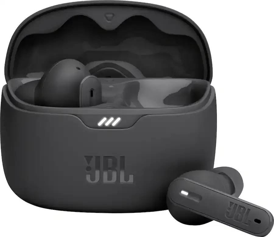 there is a black JBL best earbuds for meetings in the picture