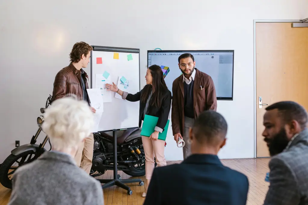 Kollegen nutzen samsung flip pro und flipchart fuer grosse meetings