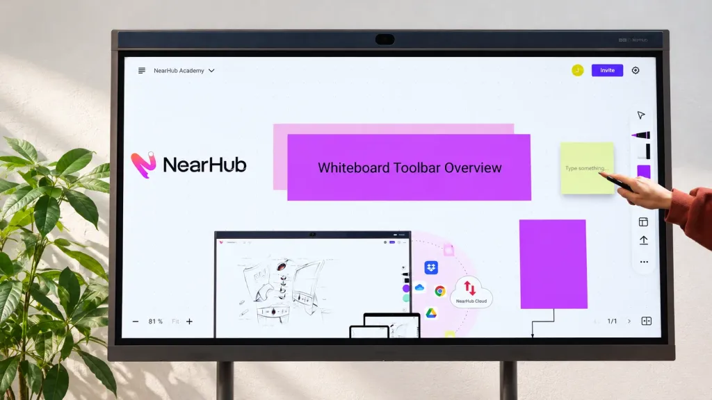 NearHub Board Max interactive touchscreen displaying NearHub Canvas with digital sticky notes and whiteboard tools