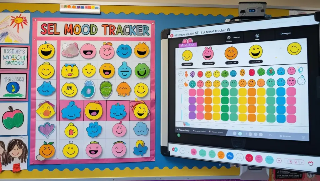 SEL mood tracker on teacher bulletin board