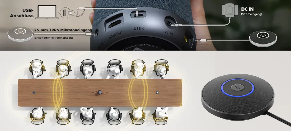 Scalable audio for large conference rooms showing the 360 meeting hub daisy-chained with two expansion microphones for 52ft voice pickup.