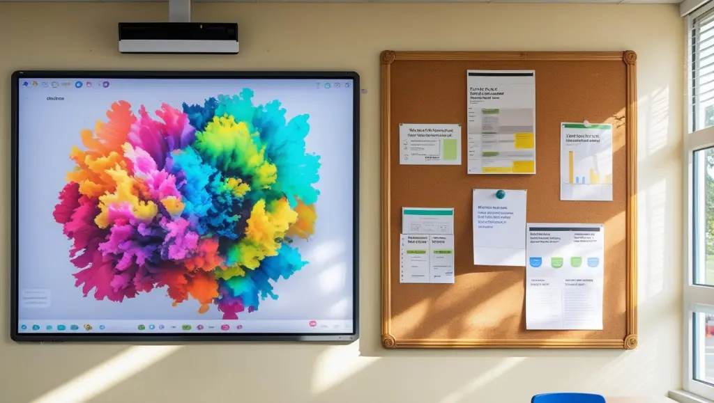Smart board in use next to a traditional bulletin board