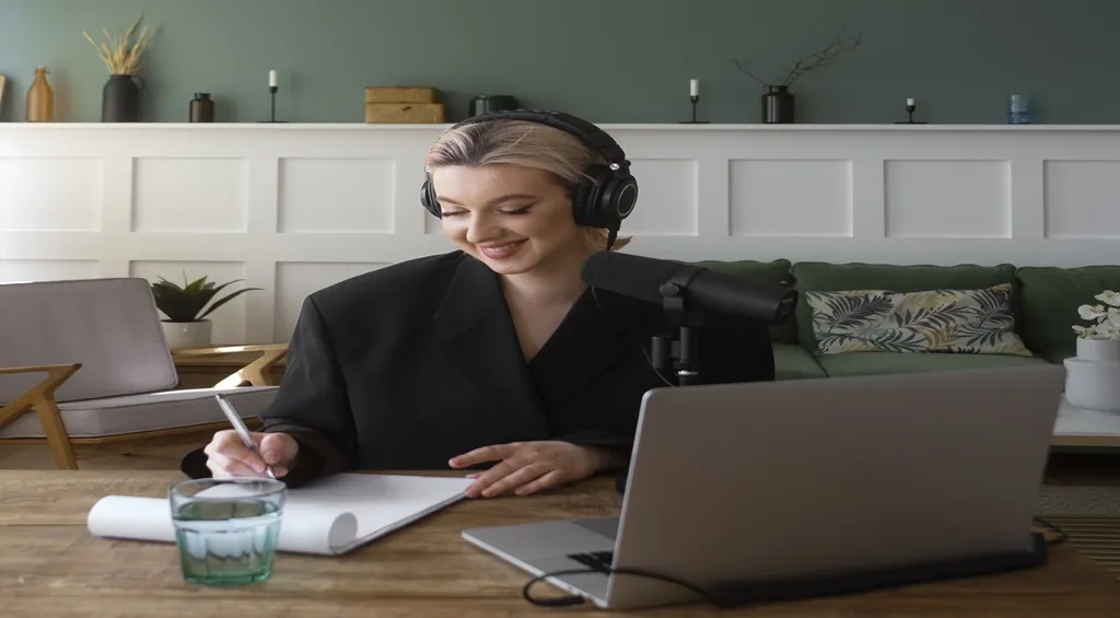 Woman wearing a Bluetooth headset with microphone while working from home.jpg