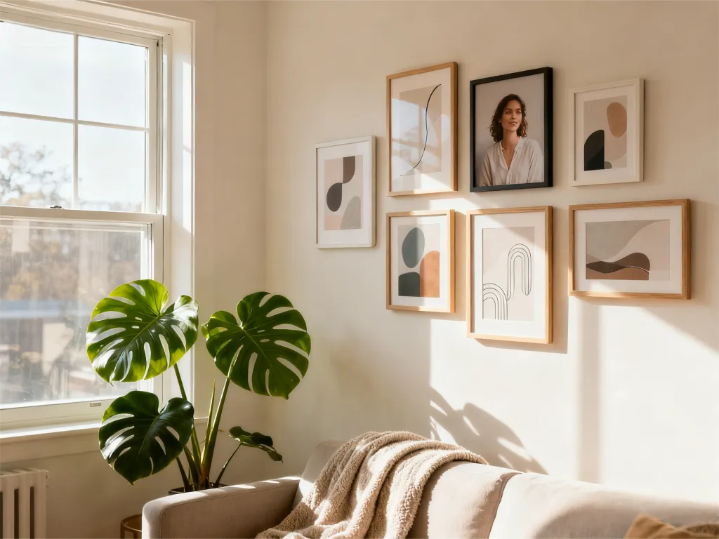 Lifestyle photo of a bright, modern living room with a gallery wall of innovative photo frames. The frames are in minimalist styles, arranged in a curated layout on a light-colored wall. 