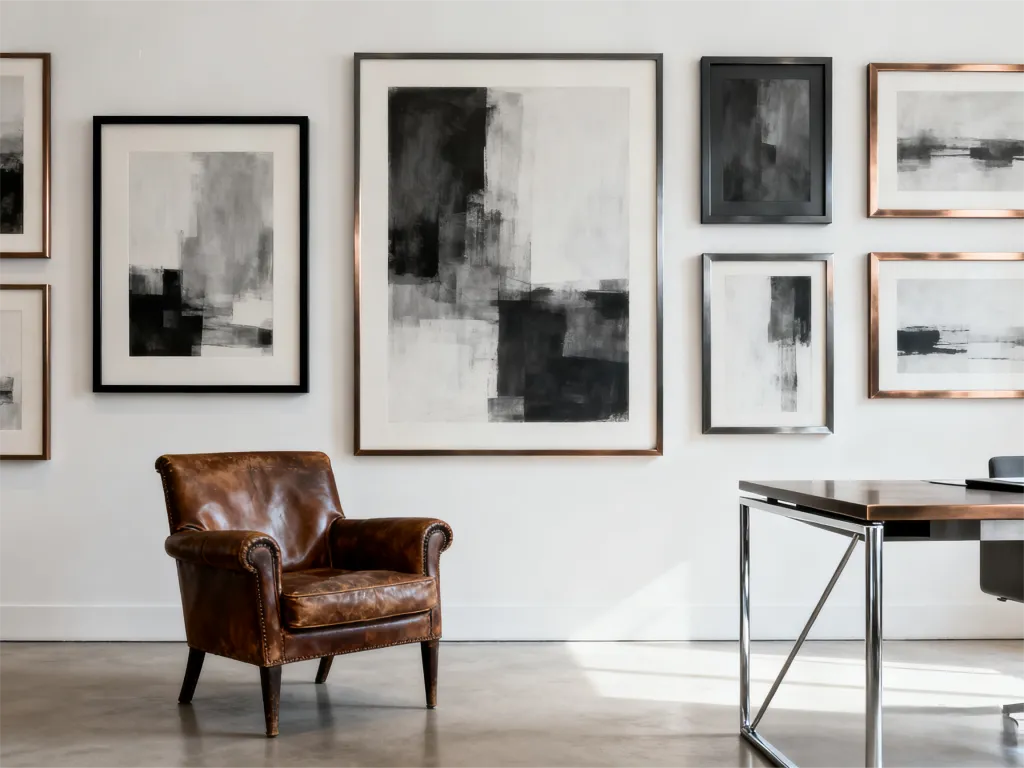 Interior design shot of a modern minimalist home office. A curated gallery wall of three thin-profile metal picture frames in matte black, dark gray, and brushed bronze. 
