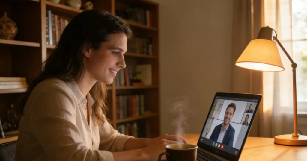 a woman uses remote work technology to work from home