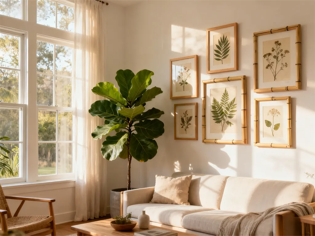 Interior design shot of a bright, airy living room embracing biophilic design. A gallery wall of modern wood frames in light oak and bamboo, displaying pressed botanical prints. 