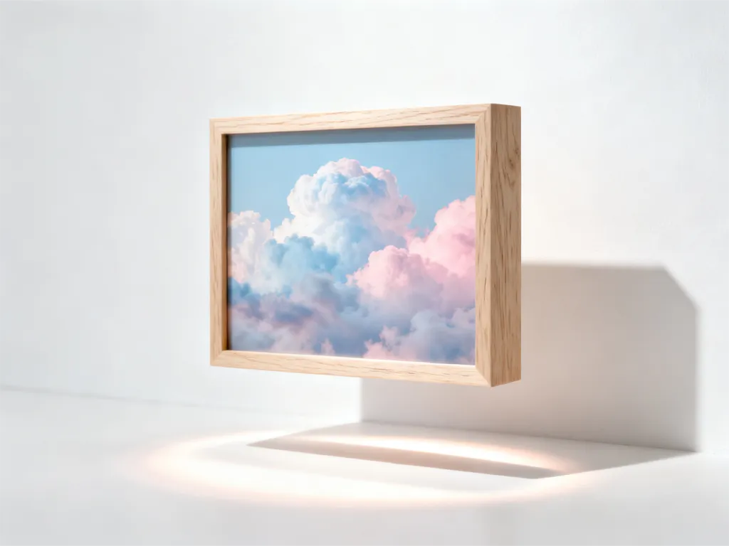 Conceptual art photograph of a light wood float frame on a white wall. The artwork inside is a dreamy cloudscape. 