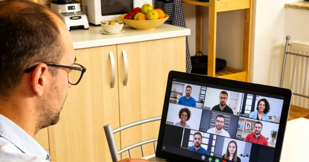 a man join a meeting from a kitchen table