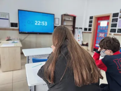 a classroom with bulletin board