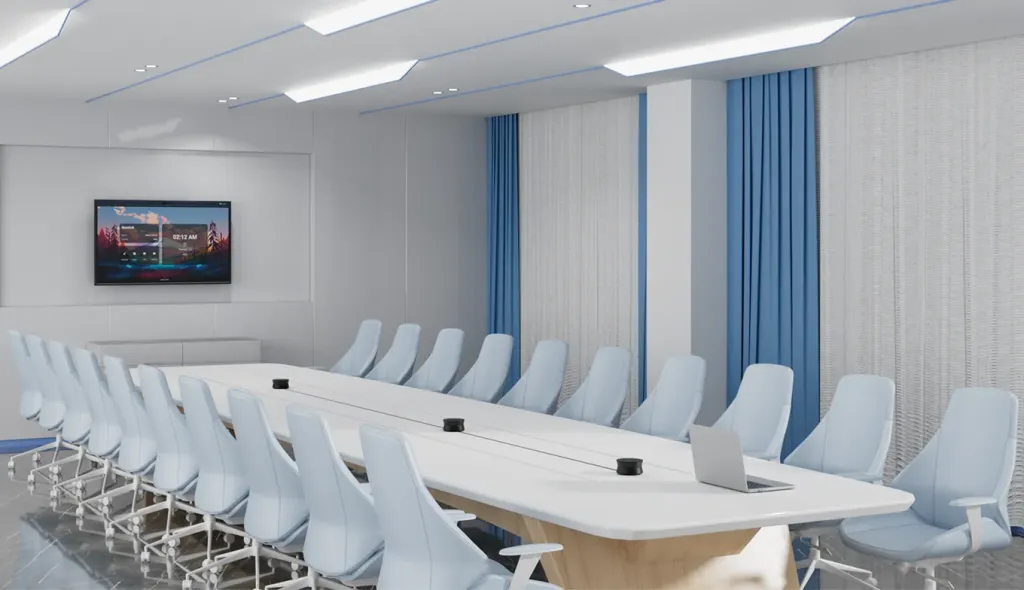 Three A20S conference speakerphones in large meeting room.