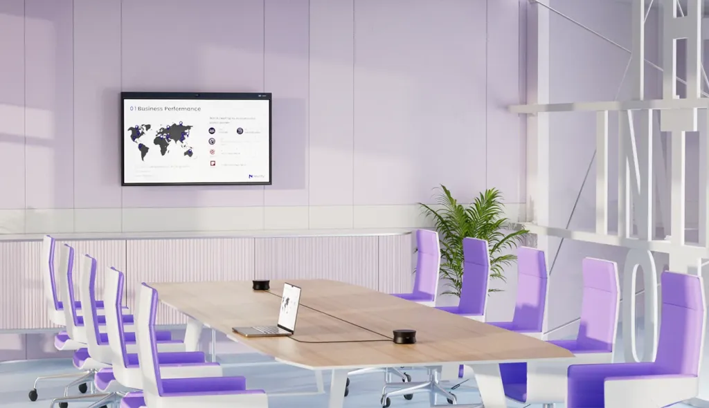 Two A20S conference speakerphones in medium meeting room.