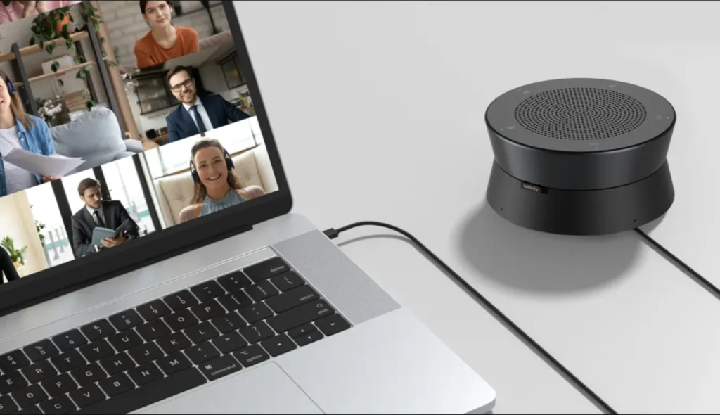 An A20S usb conference speakerphone connecting the computer.