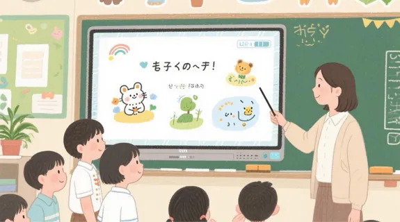 小学校で電子ホワイトボードで授業をしている