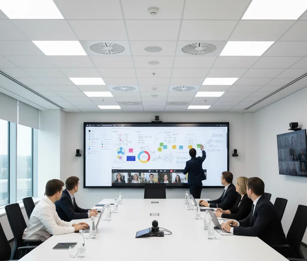 a bunch of people using conference room audio visual devices in large conference room 