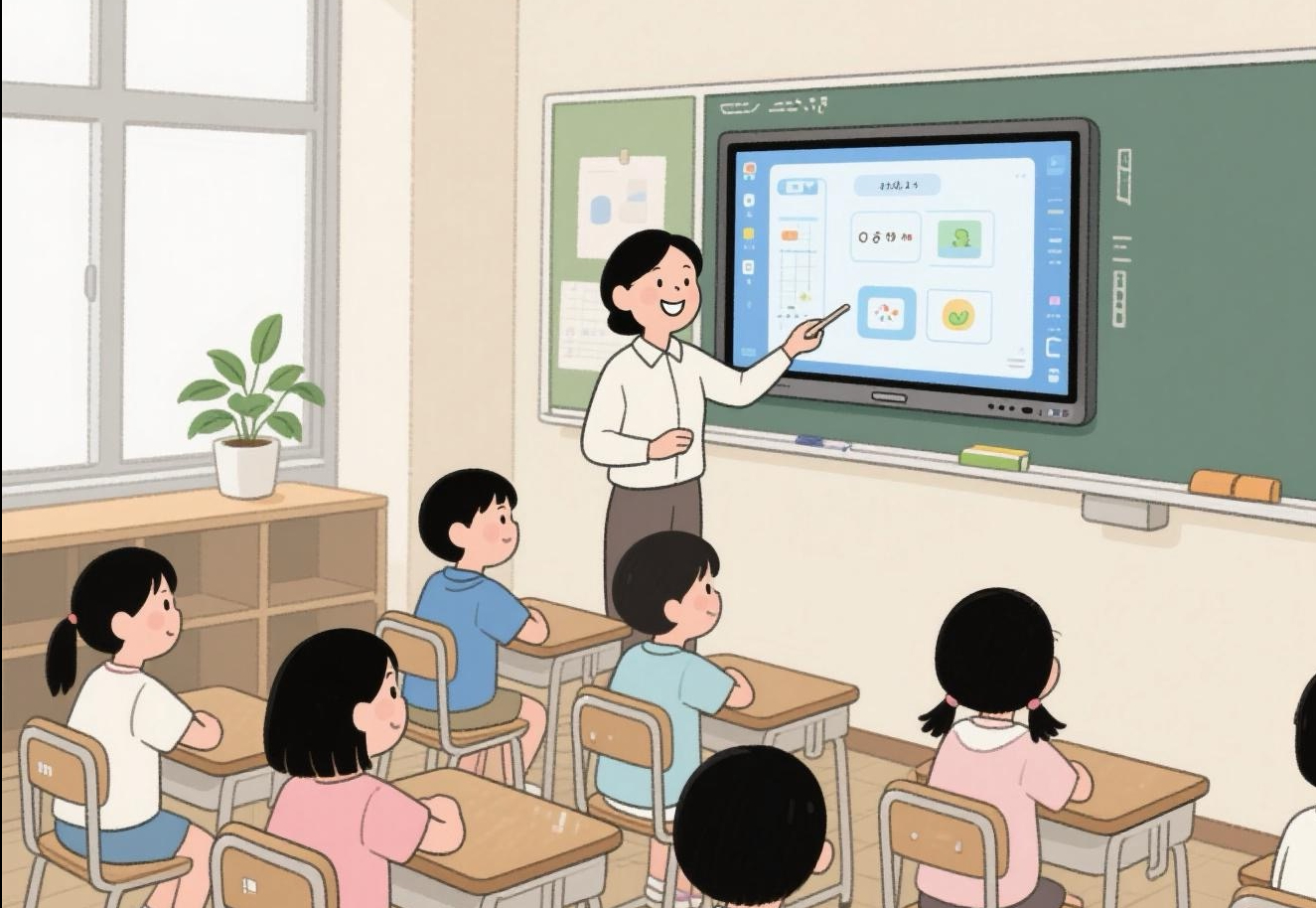 電子黒板で授業をしている先生と学生たち