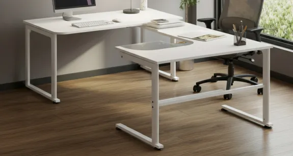 a white l shape desk