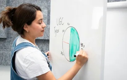 女性がホワイトボードにおしゃれなホワイトボードの書き方で文字を書いている。