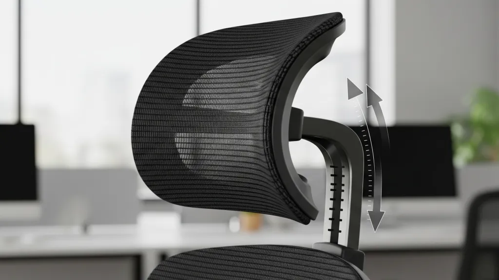 Close-up of the NearHub EC20 adjustable mesh headrest showing vertical height adjustment mechanism designed to support the cervical spine and prevent tech neck for tall users.