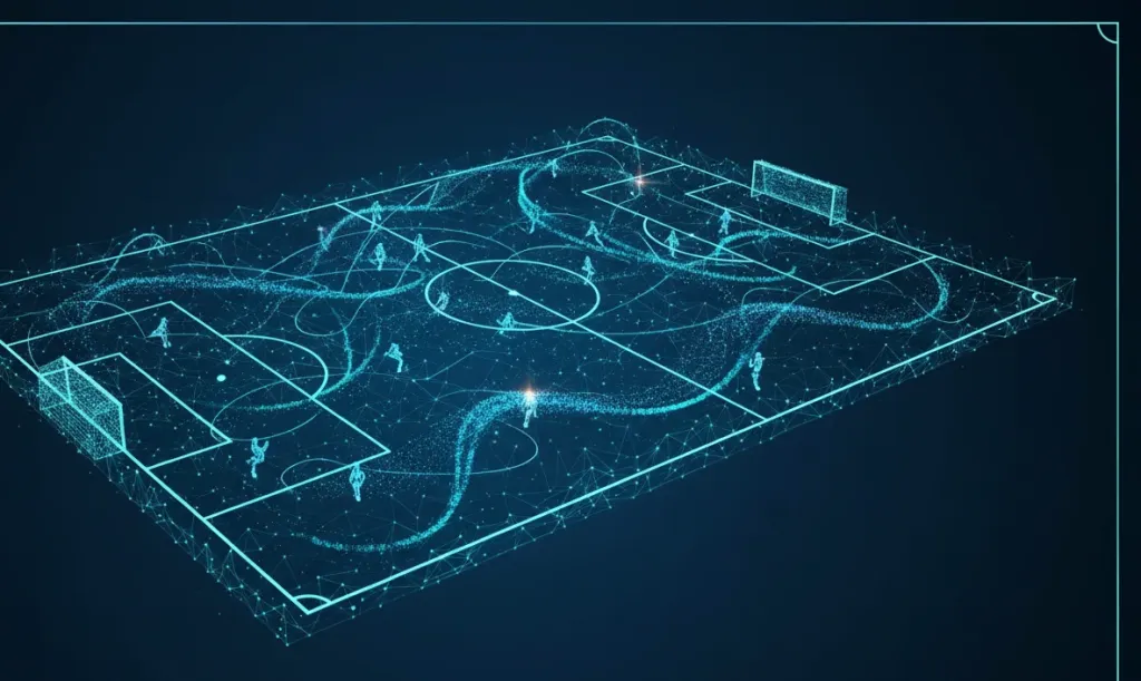 Abstract visualization of AI-powered football analytics data flowing across a digital pitch diagram