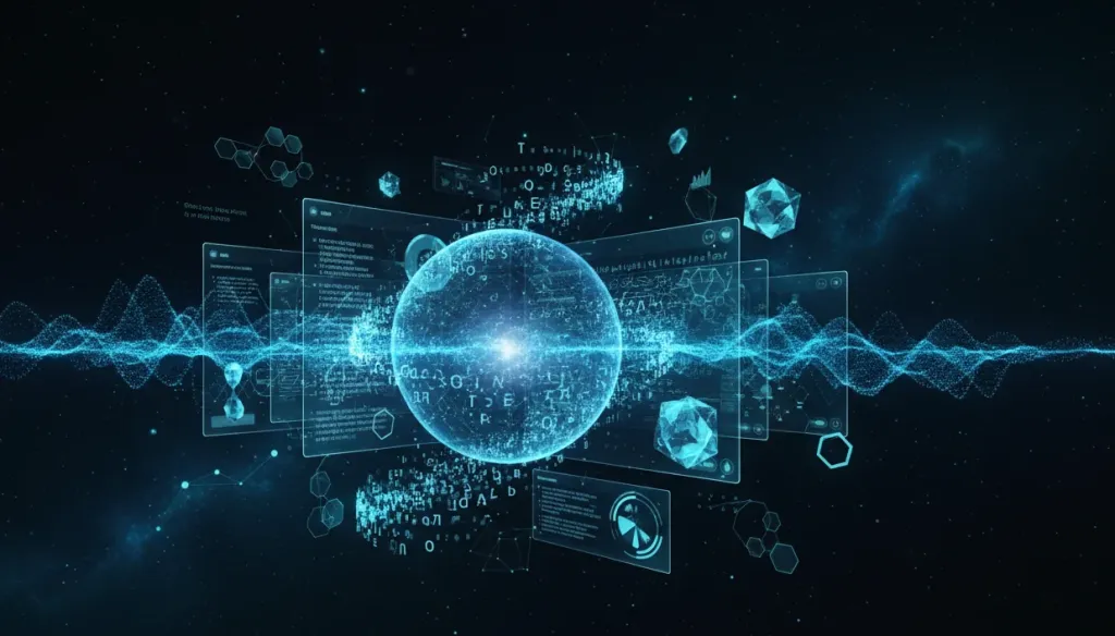 Abstract visualization of AI-powered meeting assistant technology with holographic sound waves and digital interface elements