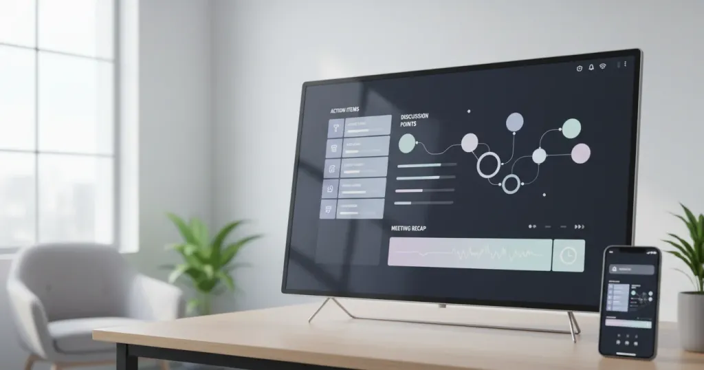 interactive whiteboard screen showing AI-generated meeting summary with action items and recap, smartphone displaying matching notification