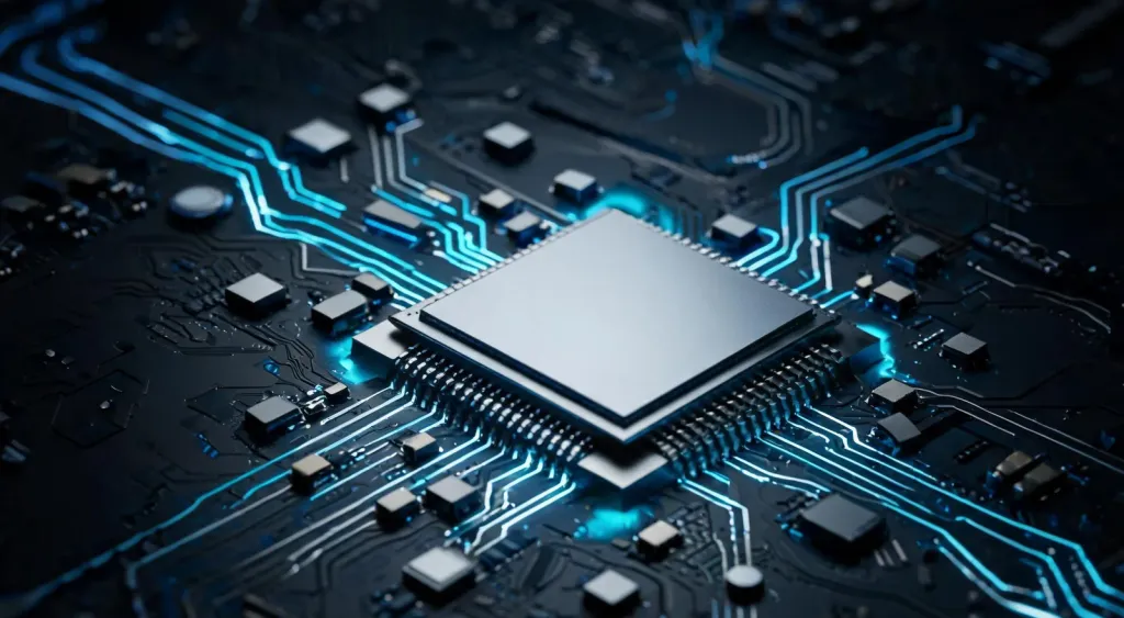 Close-up of a modern AI audio processing chipset on a circuit board with soft blue light traces, technology photography style, clean edges, no borders, no black bars, full bleed composition
