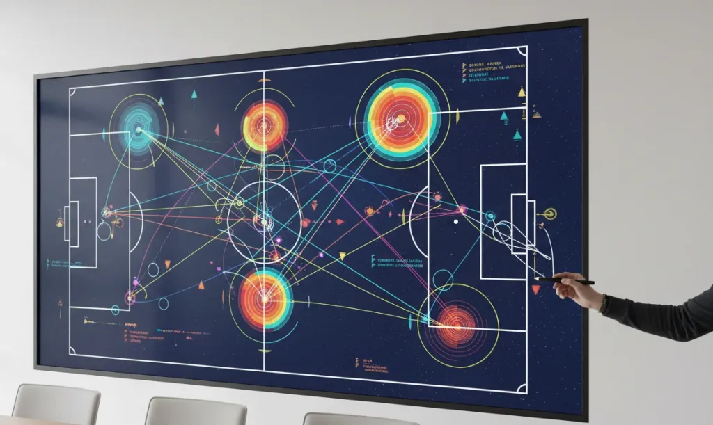 A coach annotating tactical diagrams directly on an interactive smart whiteboard displaying football AI analysis data
