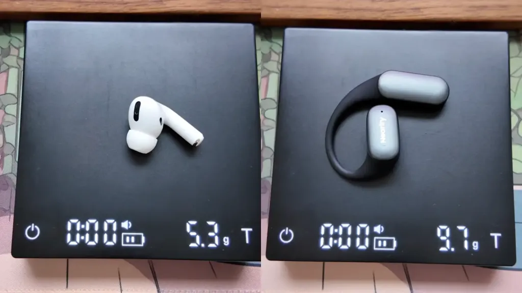 Comparison of open ear headphones: on the left, AirPods weighing 5.3g; on the right, Nearity Menpod Fit 2 weighing 9.7g, highlighting ergonomic design and weight distribution.