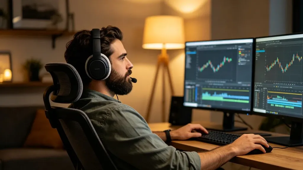 A bearded man working comfortably at a dual-monitor desk setup while wearing an over-ear wireless headset in a warm home office
