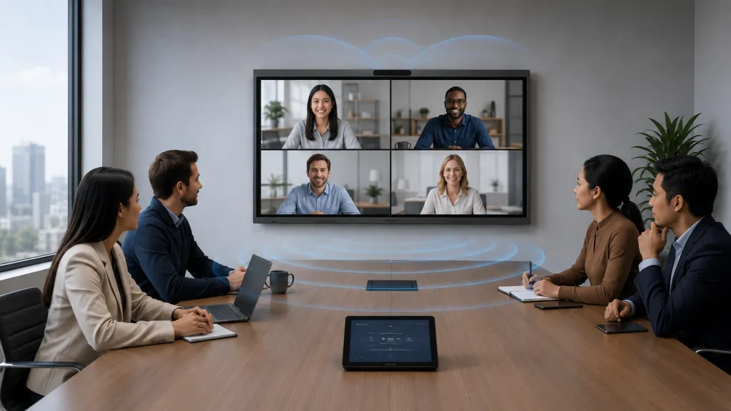 NearHub Board Max covering a conference room with a built-in 4K camera and 8-microphone array