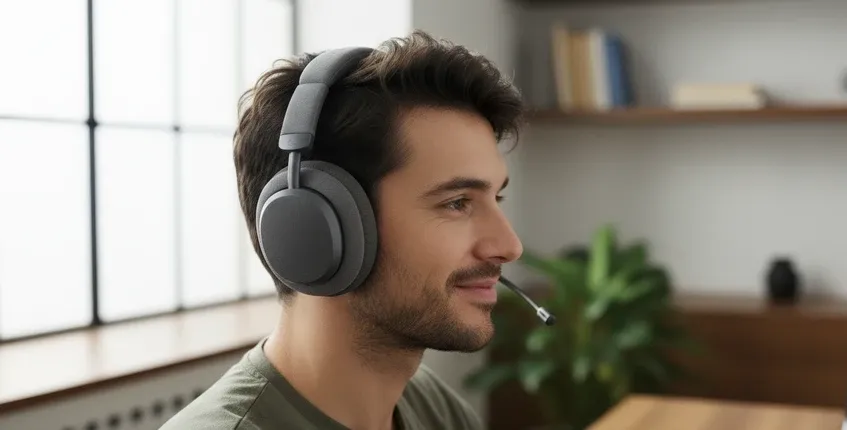 Close-up side profile of man wearing comfortable over-ear wireless headphones with memory foam cushions looking focused and relaxed after hours of wear
