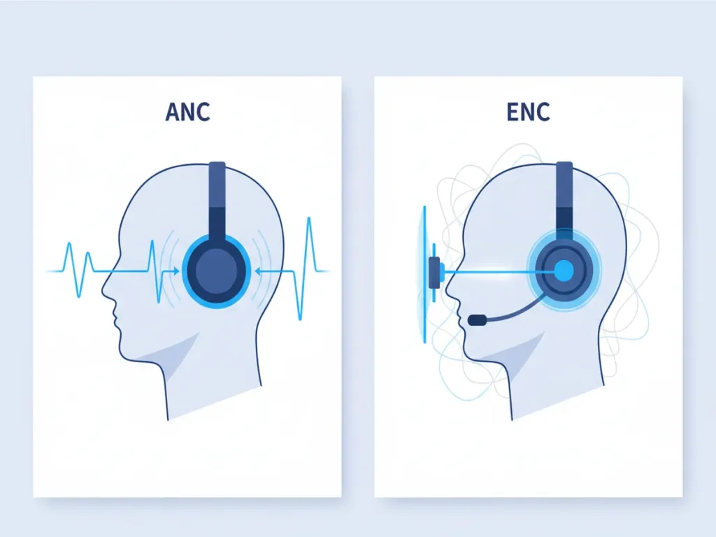 Split-screen comparison showing ANC protecting the listener's ears versus ENC protecting the caller from background noise