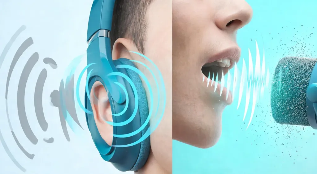 Split-screen diagram showing ANC on the left with sound waves being blocked at the ear, and ENC on the right with a microphone isolating a voice while gray noise fades away, clean edges, no borders, no black bars, full bleed composition