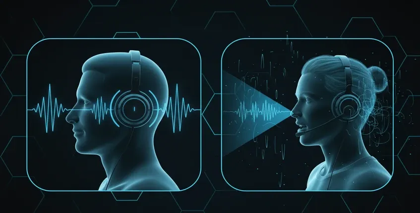 Technical split-screen showing ANC cancelling noise at ear cups versus ENC creating directional voice beam from microphone boom