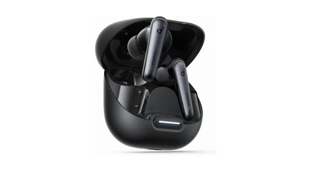 Anker Soundcore Liberty 4 NC noise cancelling earbuds in open glossy black charging case on white background