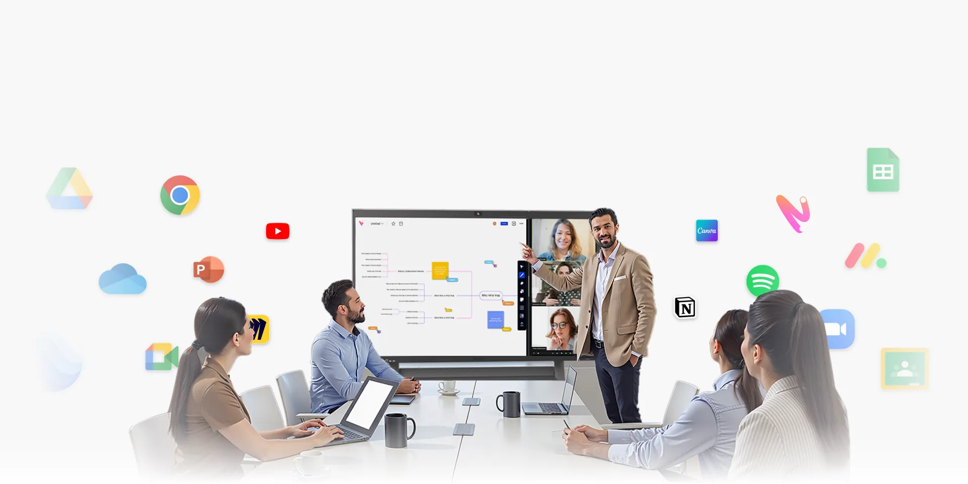 Mehrere Personen in einem Konferenzraum verwenden in einer Besprechung das interaktive digitale Whiteboard NearHub Board S Pro für das Büro