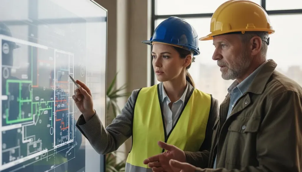 Female architect in hard hat and male senior contractor reviewing digital blueprints together on a large touchscreen display, professional office setting with warm lighting