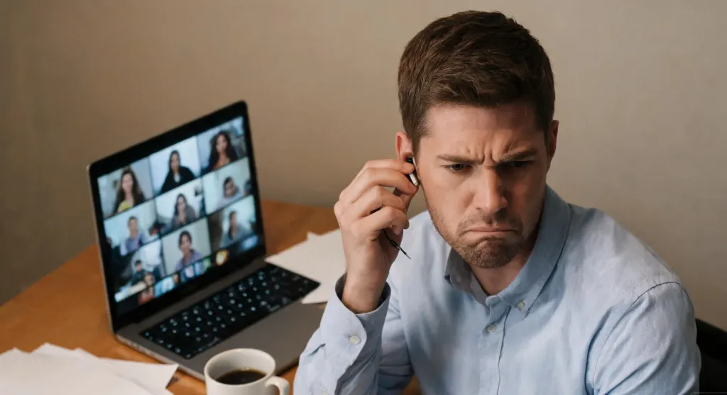 A male teacher looking frustrated during an online class, experiencing audio issues at his desk with a laptop