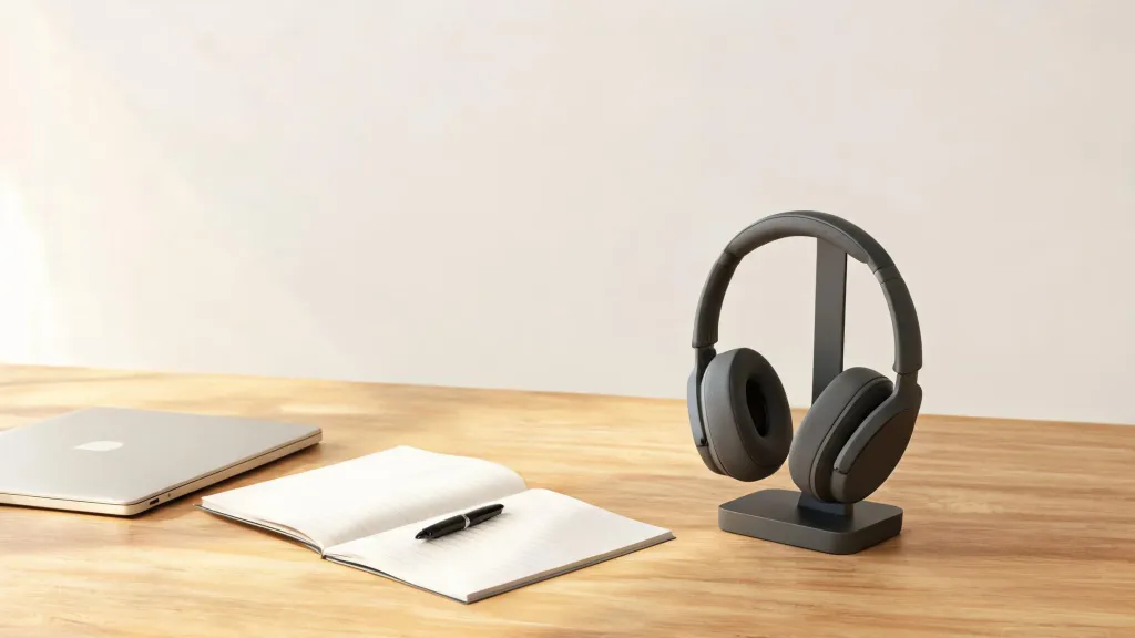 A tidy modern desk with a laptop, notebook, and wireless headset resting on a charging stand, warm natural light, organized productive workspace, no people.