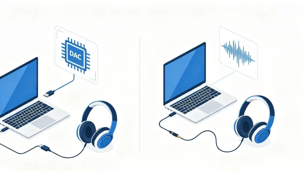 Infographic-style illustration showing the digital USB audio signal path versus the analog 3.5mm audio signal path