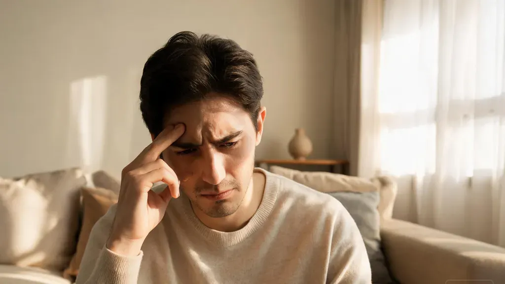 Young autistic adult sitting in a quiet sunlit room, hand near ear, expression of mild overwhelm, soft natural window light creating gentle shadows, candid editorial photography style