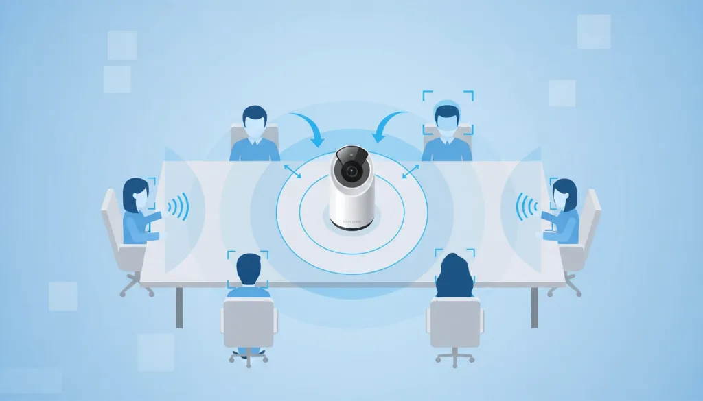カメラが会議参加者の音声と顔を検出して自動追尾する仕組みの概念図