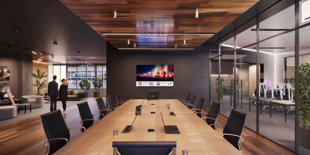 Modern conference room featuring a large flat-screen TV mounted on the wall and a wooden meeting table, designed for professional business presentations and team collaboration.